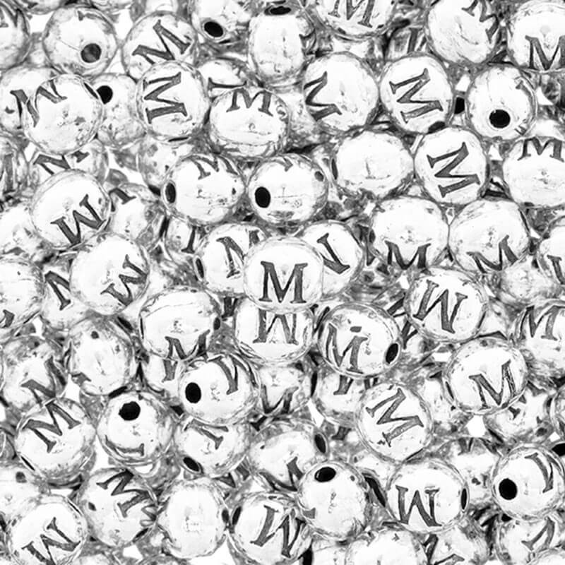 Letter beads / letter "M" / metal, 4 pcs, silver 6.5x6mm AAT393M