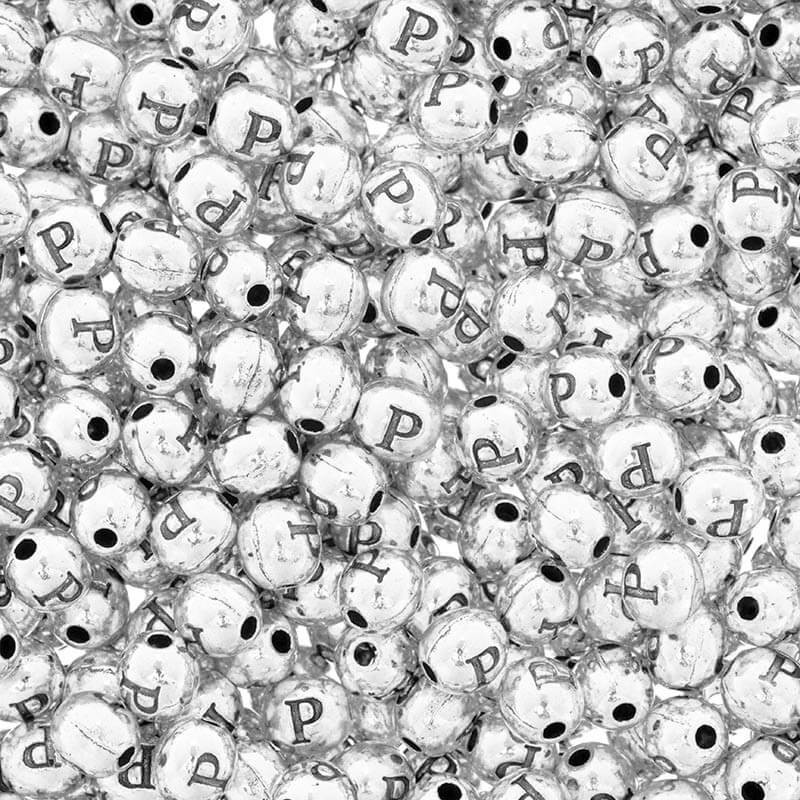 Letter beads / letter "P" / metal, 4 pcs, silver 6.5x6mm AAT393P