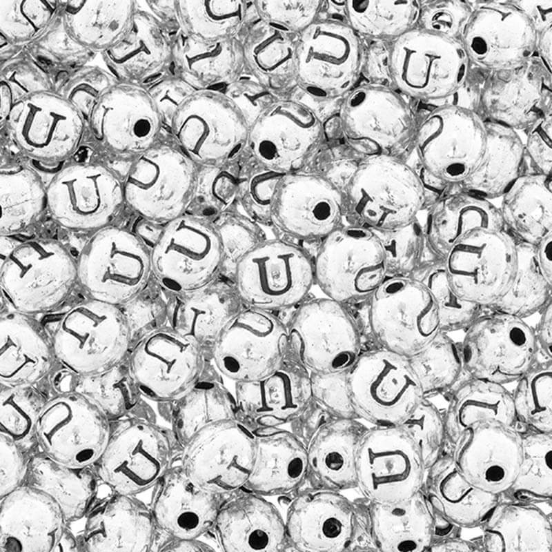 Letter beads / letter "U" / metal, 4 pcs, silver 6.5x6mm AAT393U