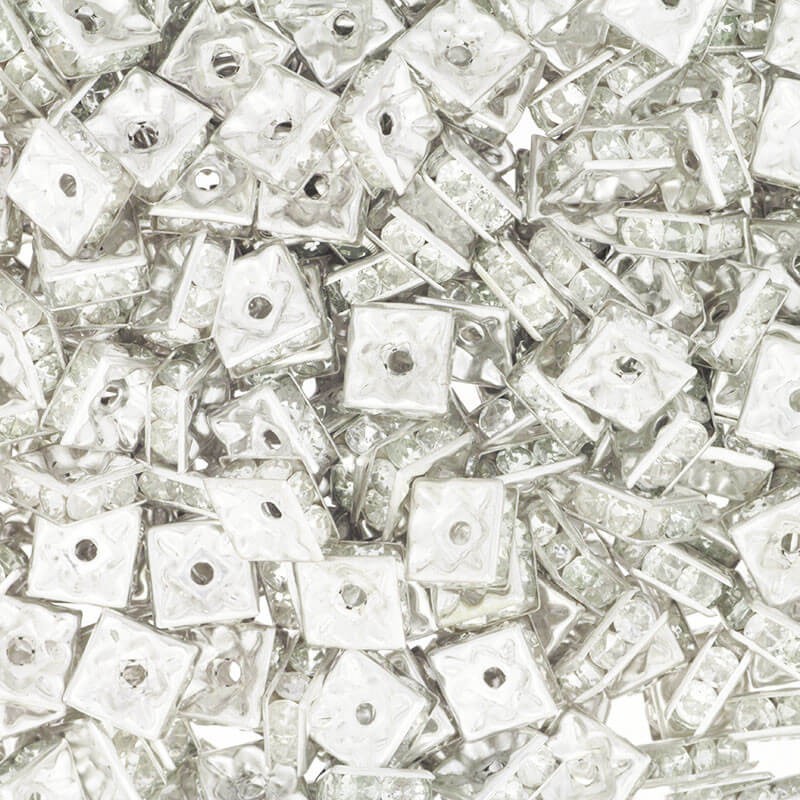 Przekładki z kryształkami kwadratowe 4szt jasne srebro 8x4mm AASJ129A