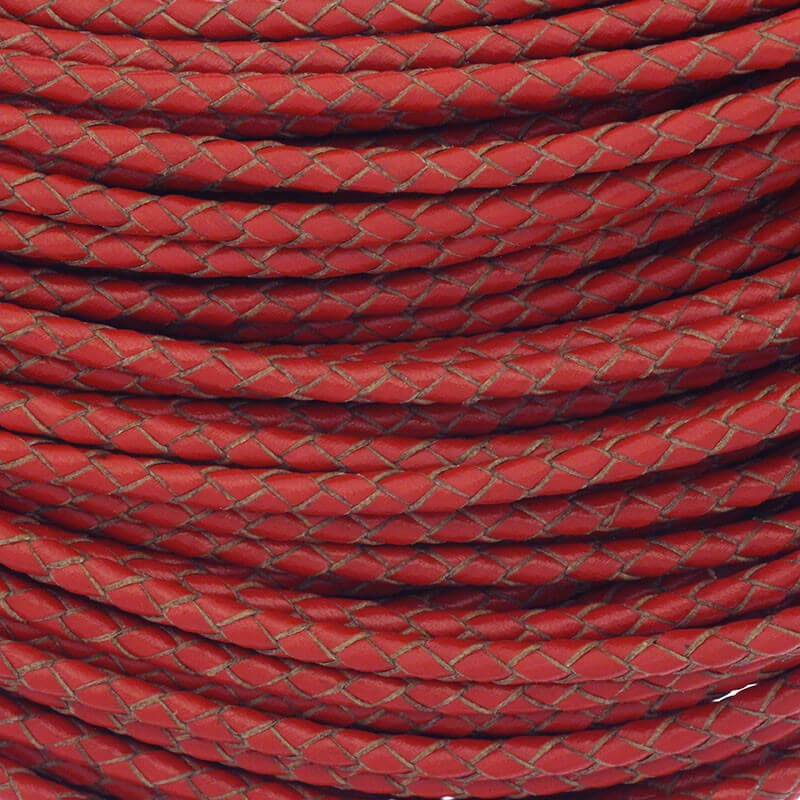 Rzemień skórzany pleciony 3mm czerwony ze szpuli 50cm RZIN3007
