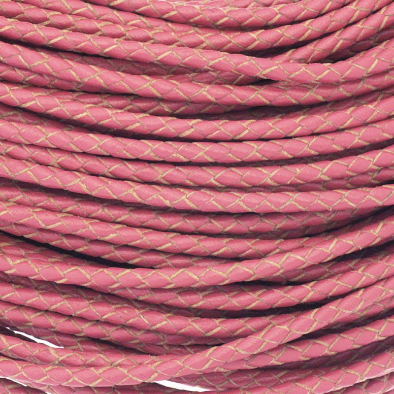 Braided leather strap 3mm Indian pink on a spool 50cm RZIN3013