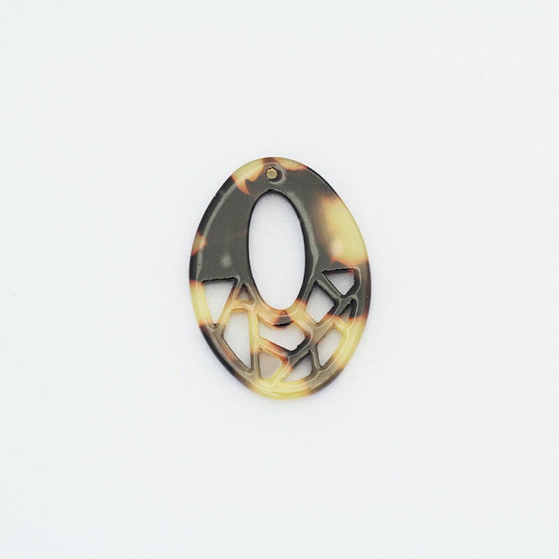 Pendants oval stained glass 29x21mm / Art Deco resin / brown tortoiseshell / 1pc XZR1013