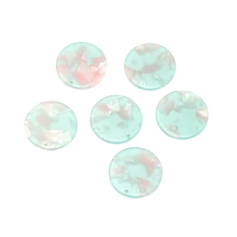 Coin charms 24mm / Art Deco resin / mint with pink / 1pc XZR0806