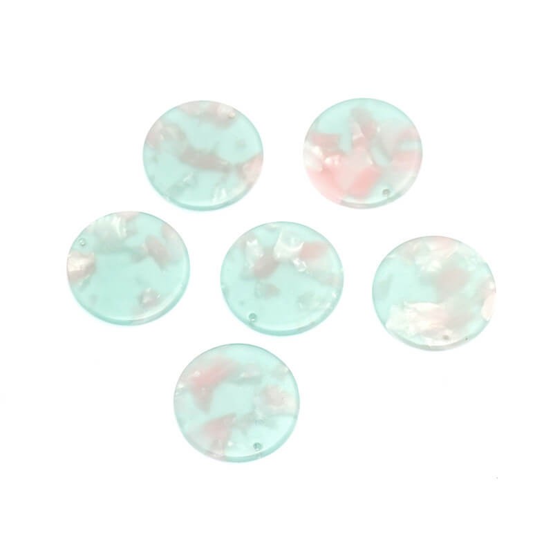 Coin charms 24mm / Art Deco resin / mint with pink / 1pc XZR0806