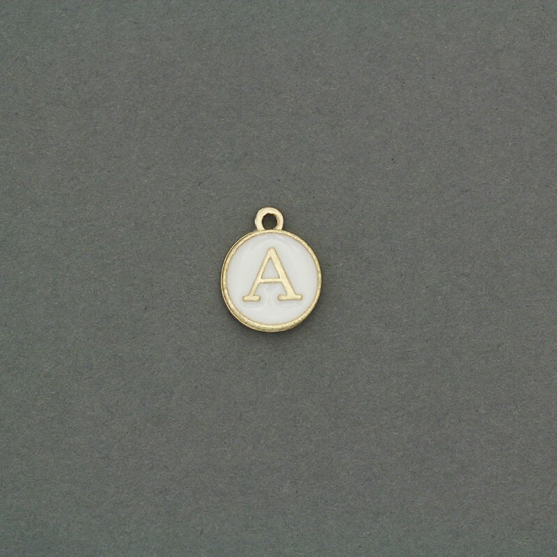 Zawieszki emaliowane monetka z literką "A" ładne złoto 11x14mm 1szt AKG464A