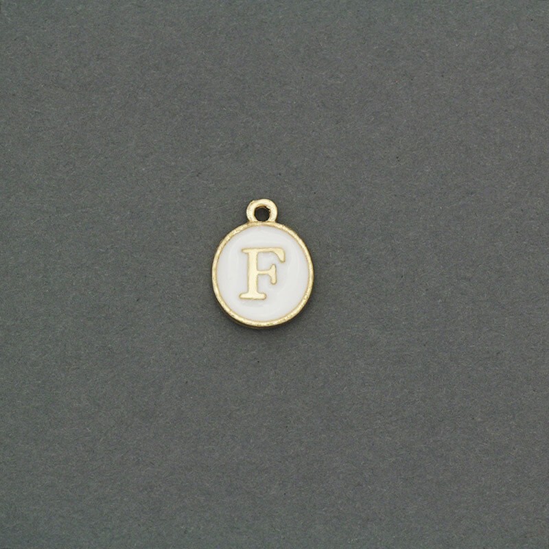 Zawieszki emaliowane monetka z literką "F" ładne złoto 11x14mm 1szt AKG464F