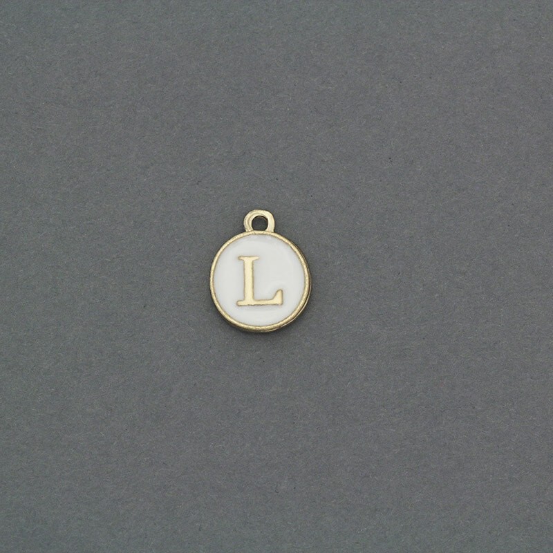 Zawieszki emaliowane monetka z literką "L" ładne złoto 11x14mm 1szt AKG464L
