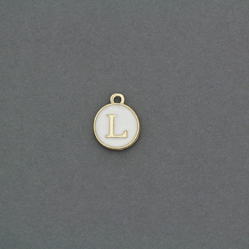 Zawieszki emaliowane monetka z literką "L" ładne złoto 11x14mm 1szt AKG464L