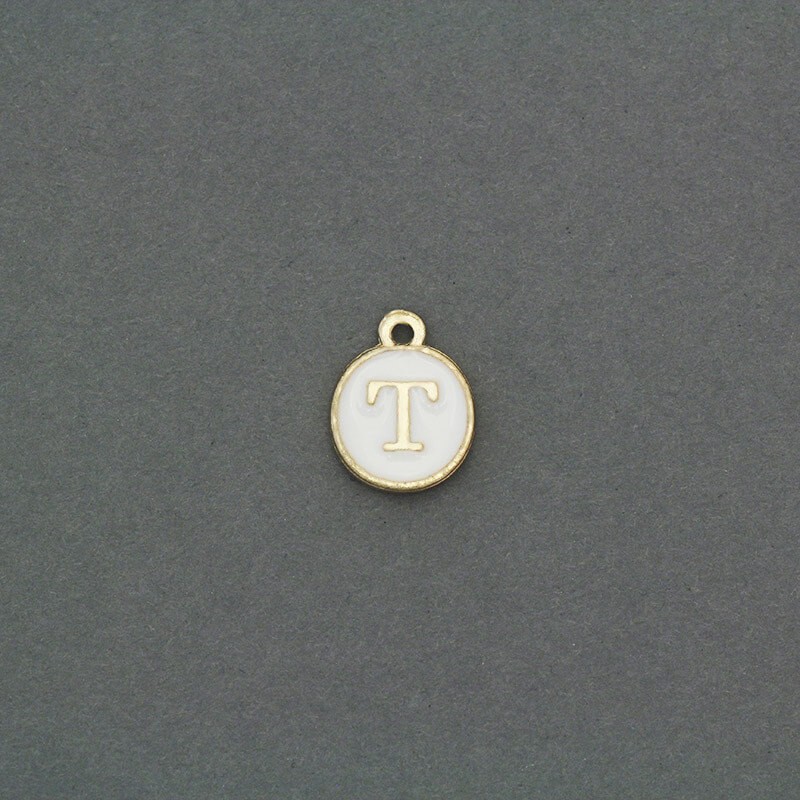 Zawieszki emaliowane monetka z literką "T" ładne złoto 11x14mm 1szt AKG464T