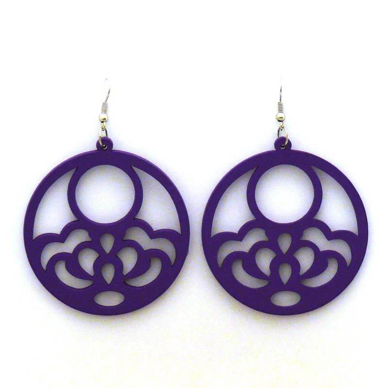 Large, purple, wooden, openwork earrings D017