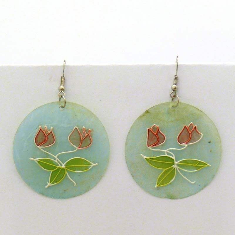 Mother of pearl earrings painted flower MP063