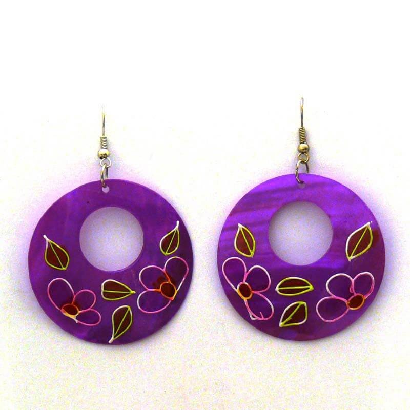 Mother of pearl earrings with a hole, painted flower MP092