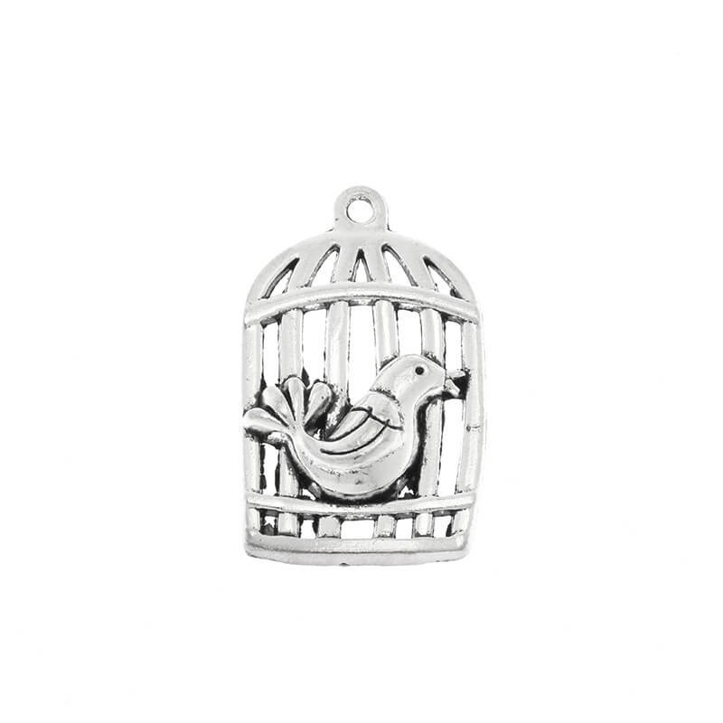 Cage pendant with a bird, 1 pc, silver 36x22mm AAU015