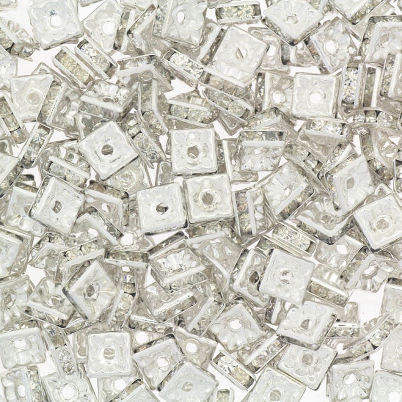 Przekładki z kryształkami kwadratowe 5szt jasne srebro 7x3mm AASJ143