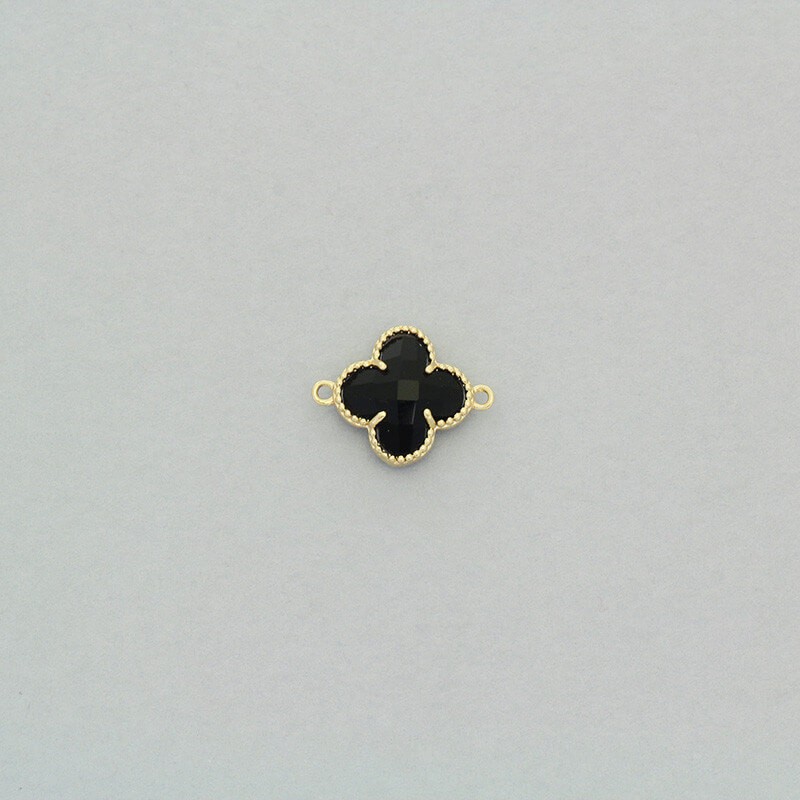 Łączniki do biżuterii kryształki w okuciu koniczynki czarne 1szt pozłacane 12x9x3mm ZG266
