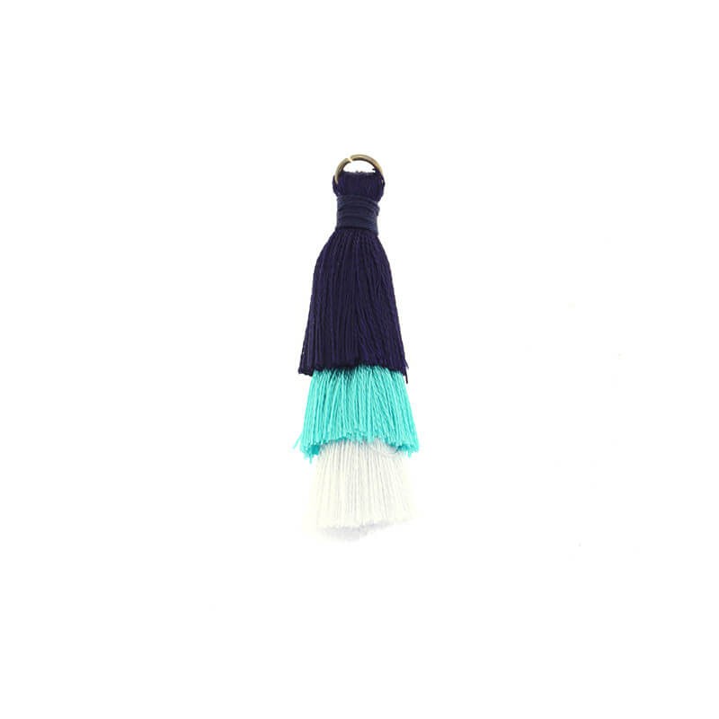 Triple tassels with a circle navy / turquoise / white 45mm 1pc TAST22