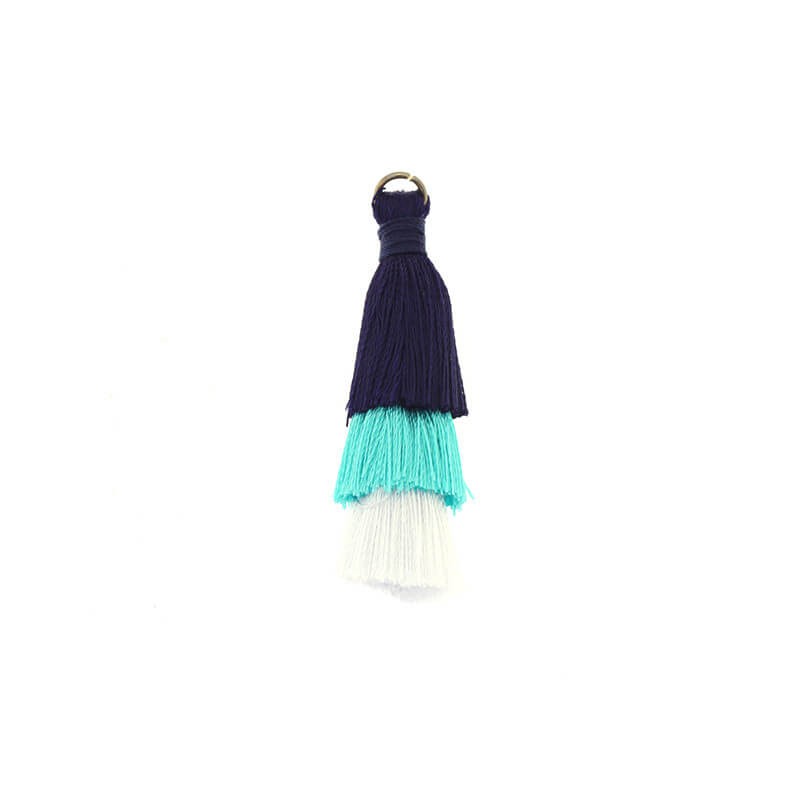 Triple tassels with a circle navy / turquoise / white 45mm 1pc TAST22