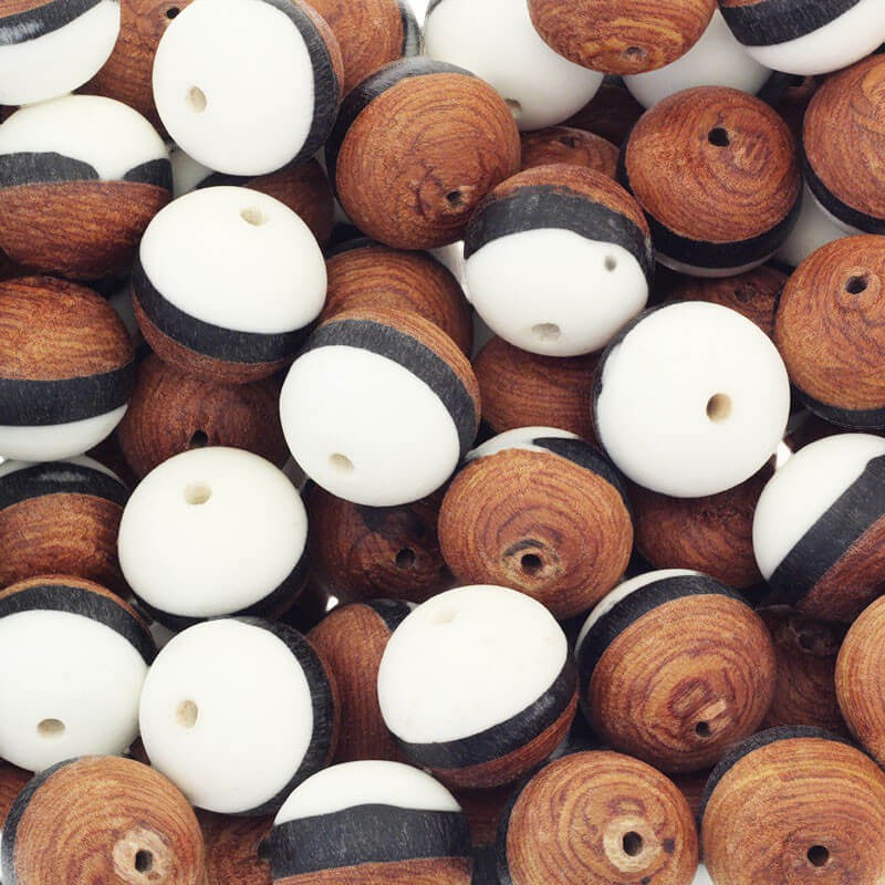 Beads / resin with wood / 24mm balls / white and black / DRAX01