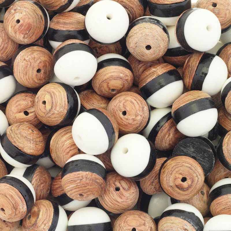Beads / resin with wood / 20mm balls / white and black / DRAX04