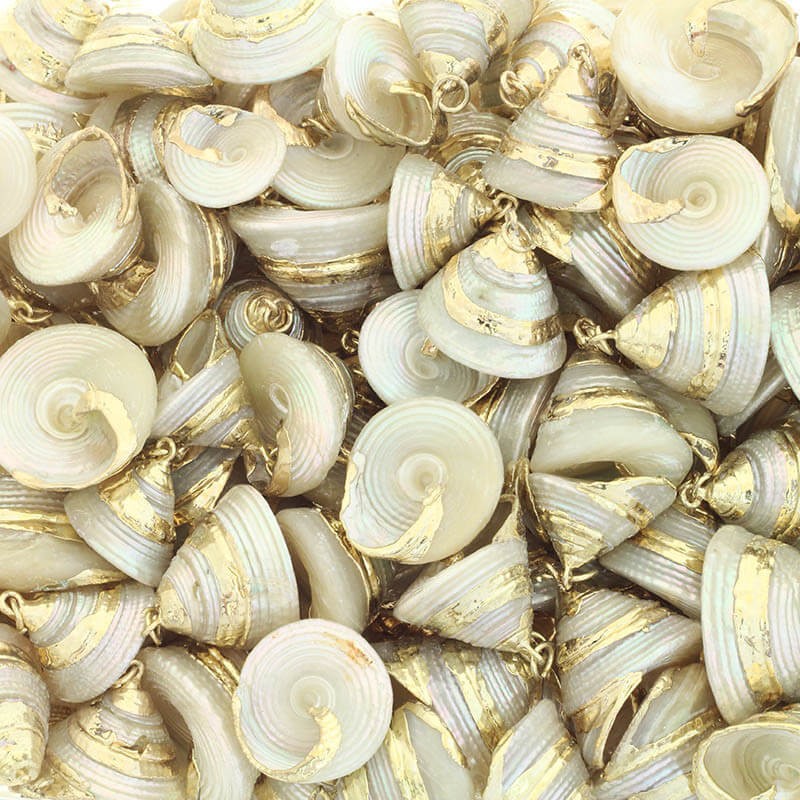 Muszelki stożkowe perłowe ze złoceniem i haczykiem większe 1szt. MU094