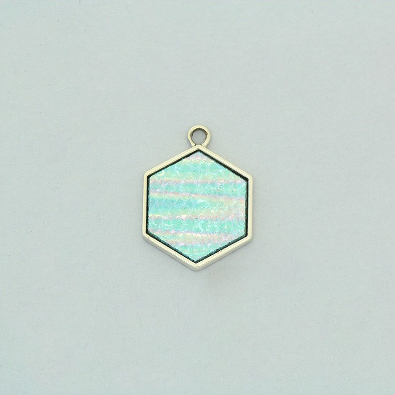 Hexagon pendants opal blue / gold 18x24mm, 1 piece AKG696