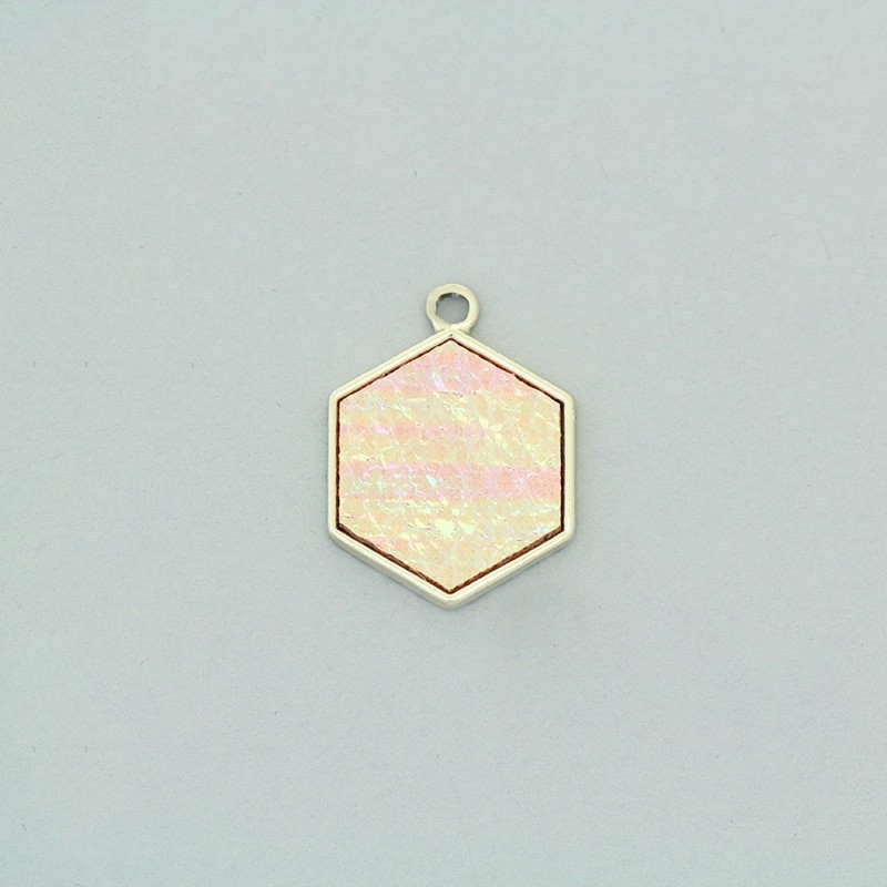 Hexagon pendants opal pink / gold 18x24mm, 1 piece AKG697