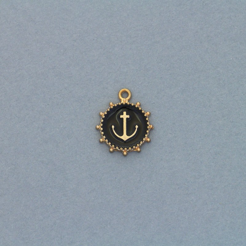 Pendant with an anchor enameled black / gold 13x16mm 2pcs AKG751