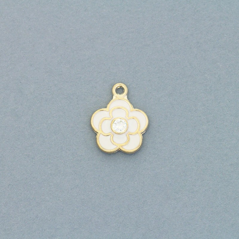Enamel flower pendants with crystal / white / gold 18x14mm 1pc AKG752