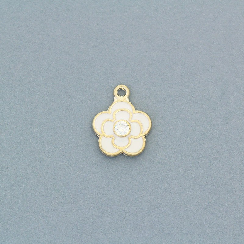 Enamel flower pendants with crystal / white / gold 18x14mm 1pc AKG752