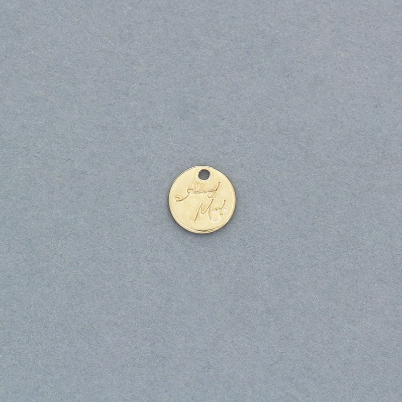 Zawieszki okrągłe metki z napisem Handmade ładne złoto 9mm 5szt AKG772