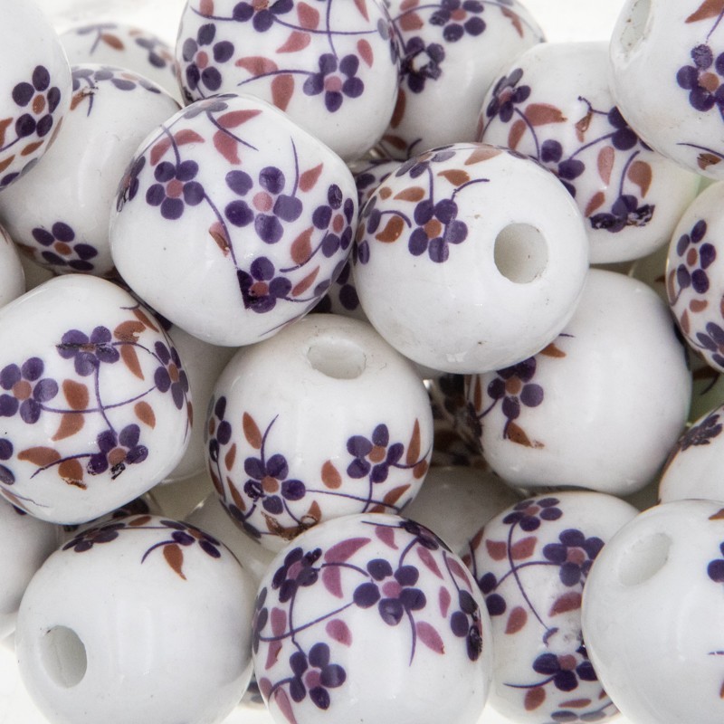 Kulka ceramiczna w kwiatki 20mm fioletowe 1szt CKU20KW16