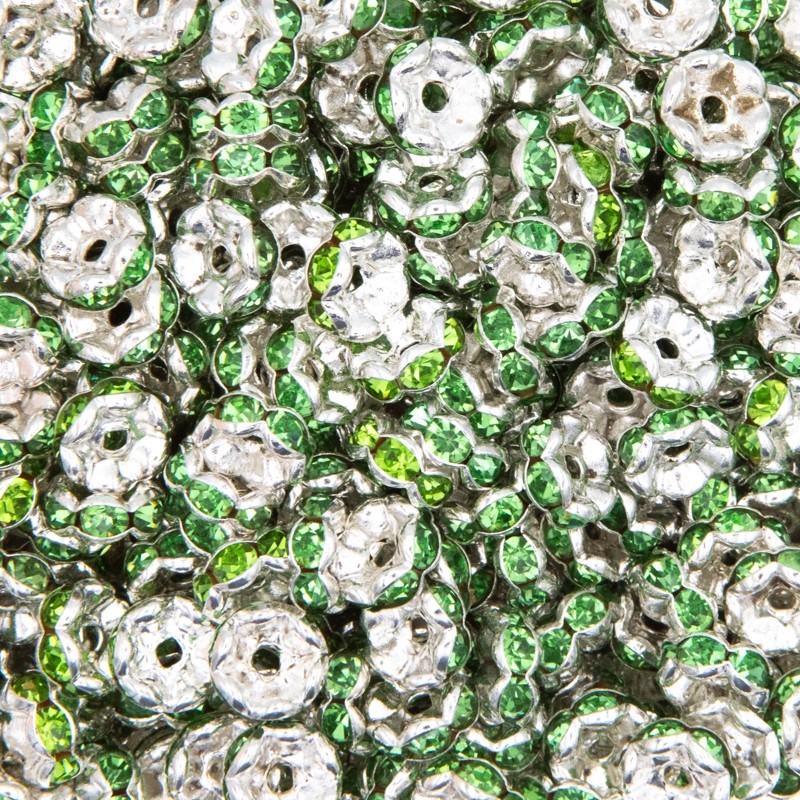 Spacers with crystals light silver / green 8x3.6mm 4pcs AASJ157