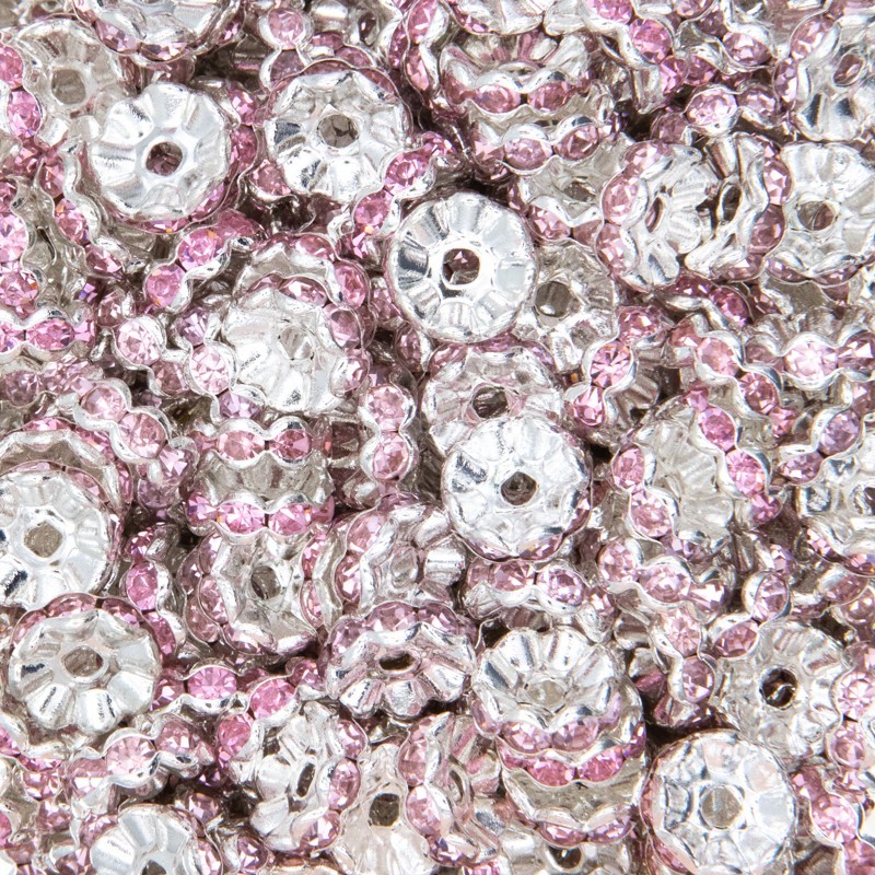 Przekładki z kryształkami jasne srebro / różowe 10x4mm 4szt AASJ163