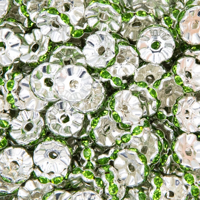 Przekładki z kryształkami jasne srebro/ zielone 10x4mm 4szt AASJ166