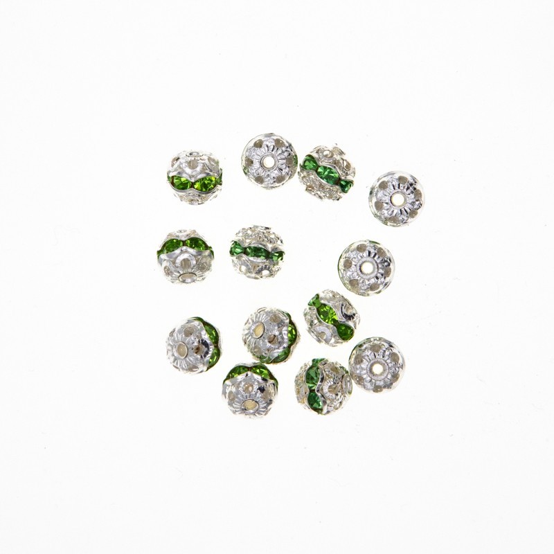 Koraliki kulki przekładki z kryształkami jasne srebro/ zielone 8mm 2szt AASJ170