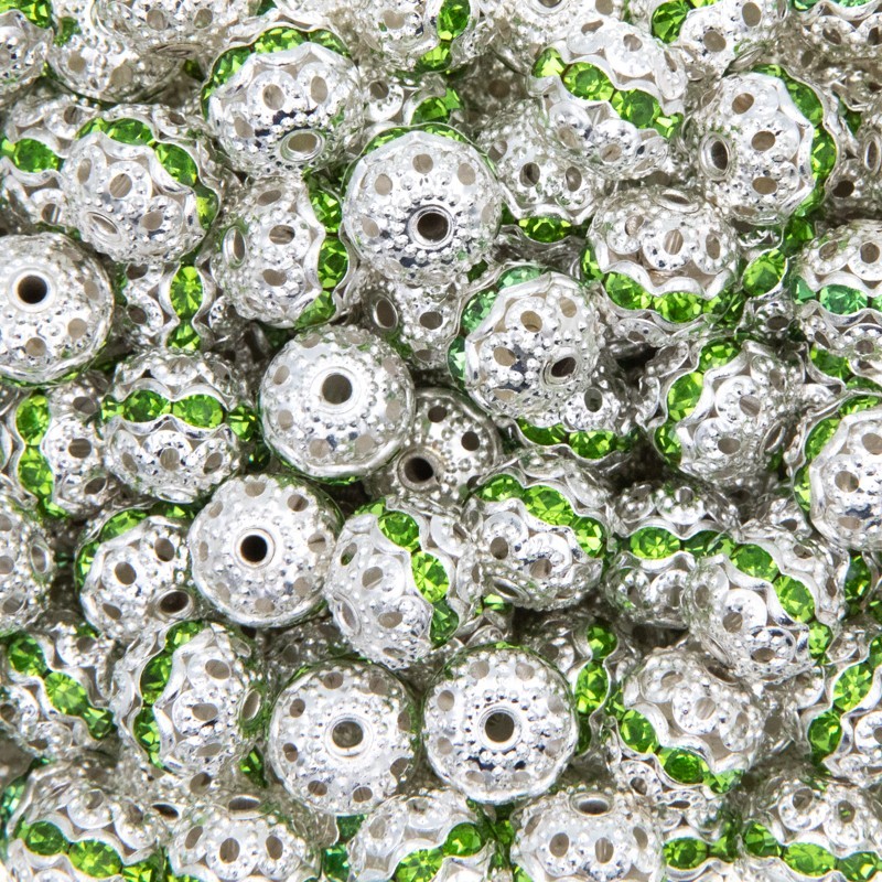 Koraliki kulki przekładki z kryształkami jasne srebro/ zielone 10mm 2szt AASJ173