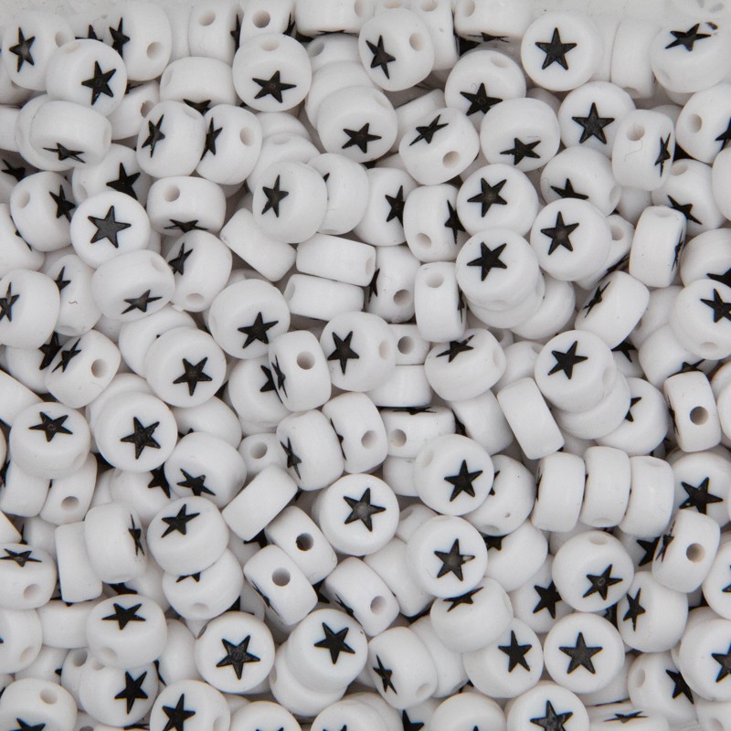 Acrylic coin beads with black stars 7x3mm 30pcs. XWM02-BL01