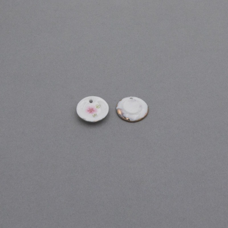 Ceramic plate / miniature white / pink flower 18mm 1pc CNA008
