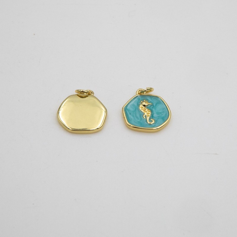 Pendant gold enamel coin / seahorse / blue pearl 14mm 1pc AKG888B