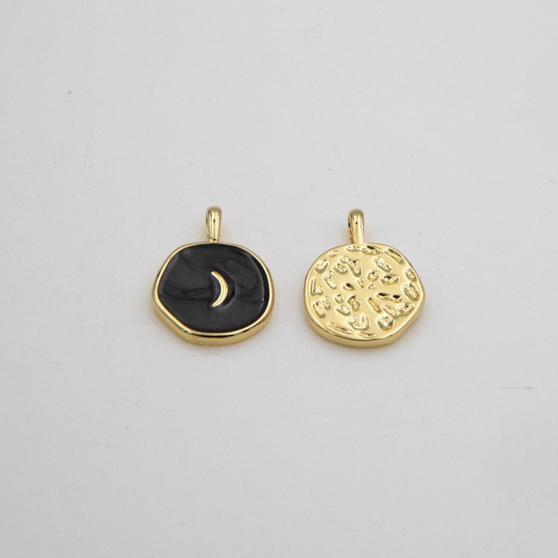 Gold enamel coin pendant / moon / black pearl 14mm 1pc AKG890