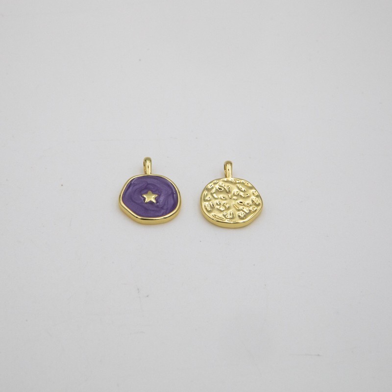 Gold enamel coin pendant / star / purple pearl 14mm 1pc AKG893