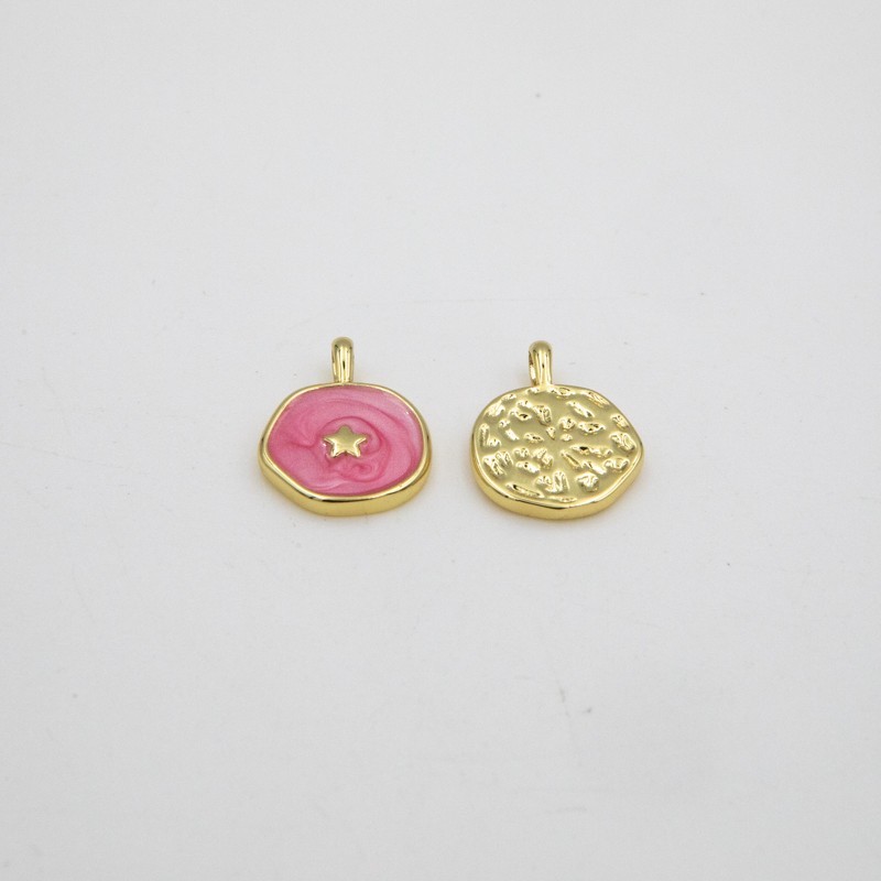 Gold enamel coin pendant / star / pink pearl 14mm 1pc AKG893A