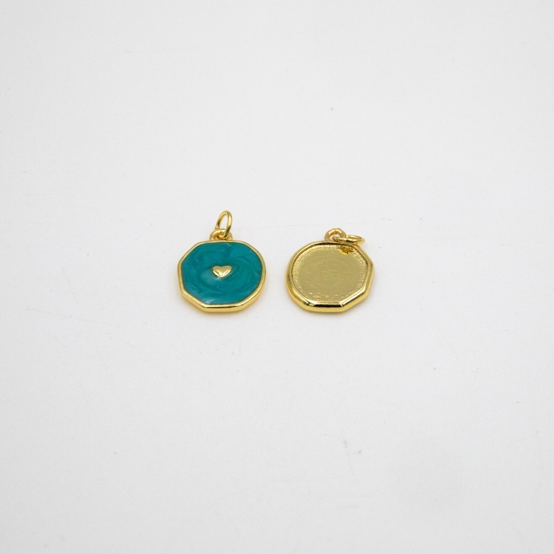 Gold enamel pendant / heart / turquoise pearl 13.5mm 1pc AKG895