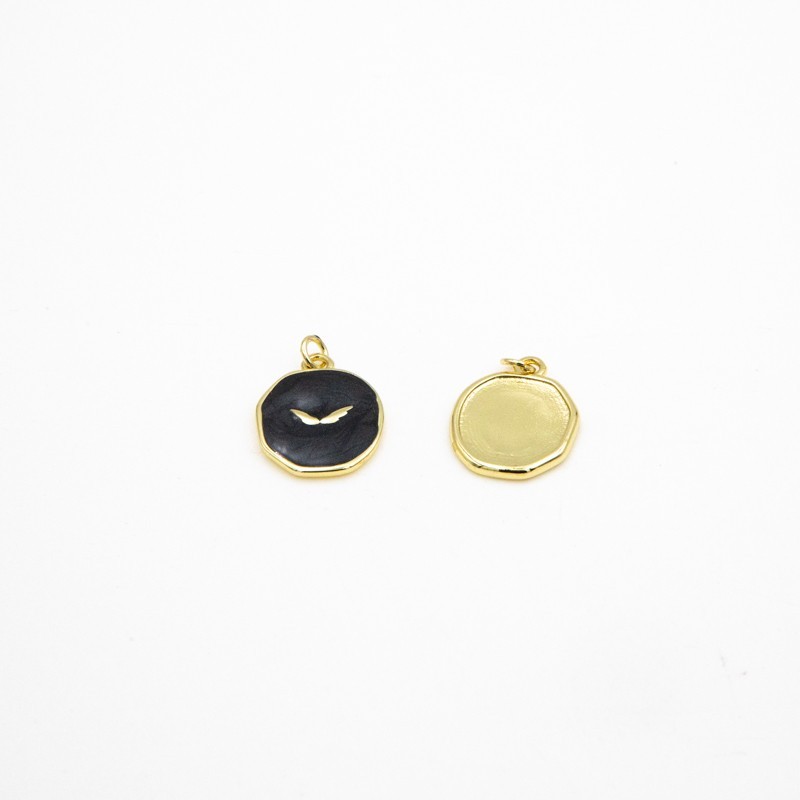 Gold enamel pendant / wings / black pearl 13.5mm 1pc AKG896A