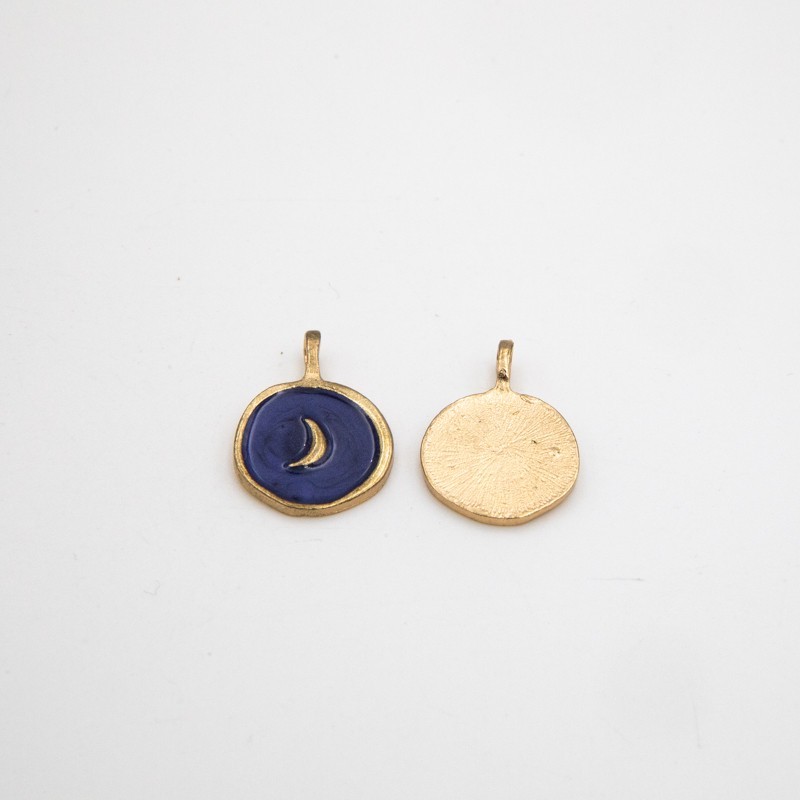 Gold enamel pendant / moon / navy blue pearl 18mm 1pc AKG899