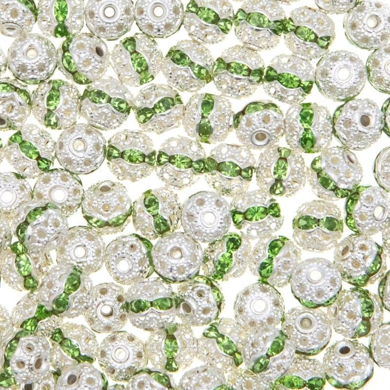 Spacer beads with crystals clear silver / green 6mm 4pcs AASJ179
