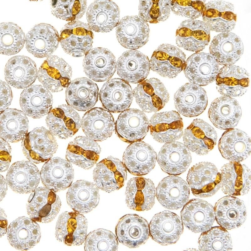 Beads beads spacers with crystals clear silver / orange 6mm 4pcs AASJ180