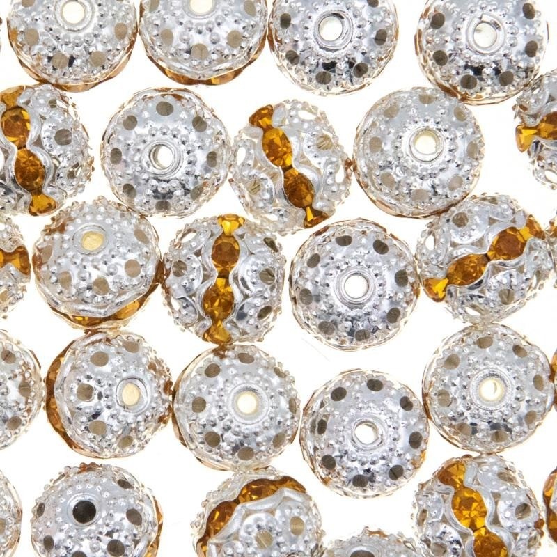 Koraliki kulki przekładki z kryształkami jasne srebro/ pomarańczowe 10mm 2szt AASJ181