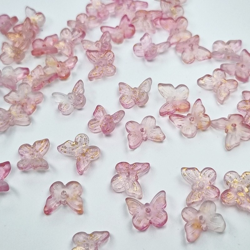 Lampwork jewelry beads butterfly / gold dust / matte pink 11mm 2pcs SZLAMO03